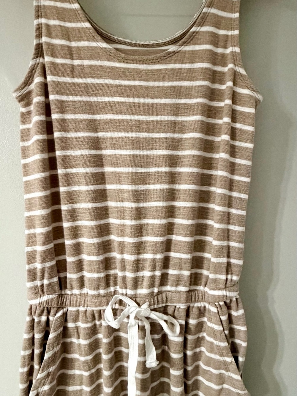 aerie Tan and White Striped Sleeveless Romper with Drawstring